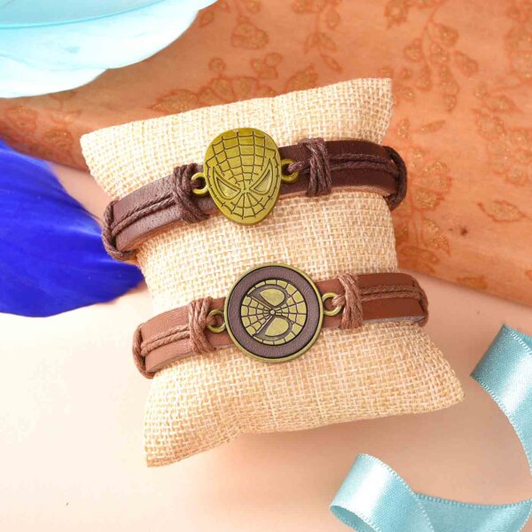 Spiderman Set Of 2 Leather Bracelet Rakhis With Chocolate- FOR USA