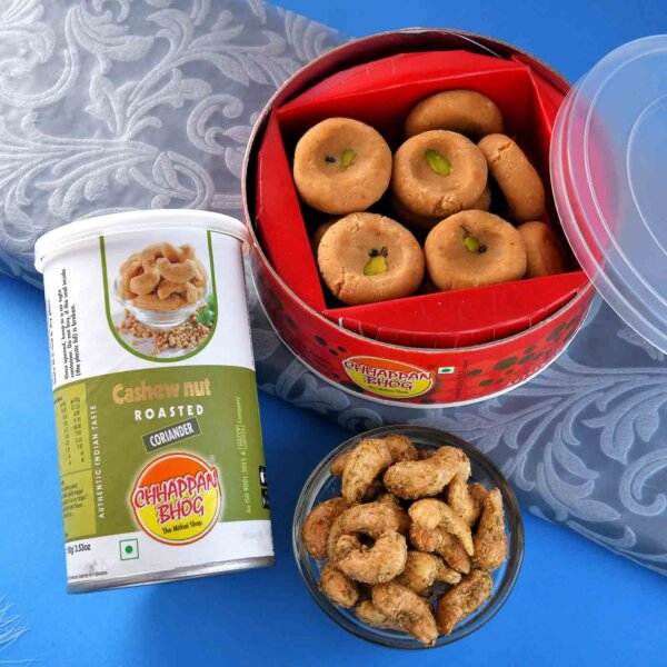 Rakhi Set Of 2 With Mathura Peda & Roasted Cashew Nuts- FOR USA
