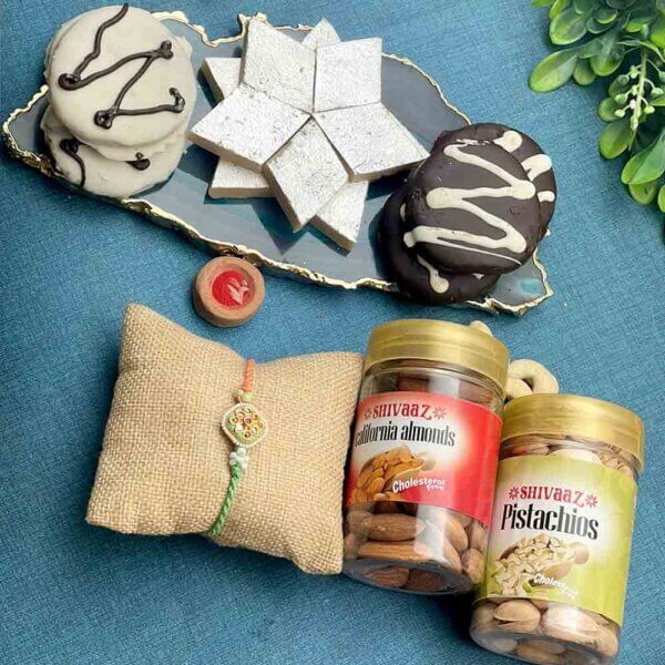 Meena Rakhi Hamper with Kaju Katli, Almonds, Pistachio and Chocolate Cookies- FOR USA