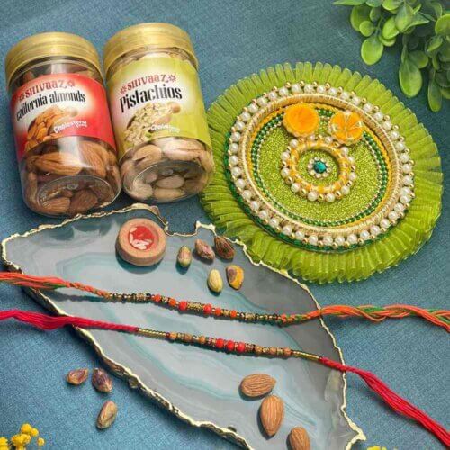 Set of 2 Beaded Rakhis with Almond - Pistachio and Pooja Thali