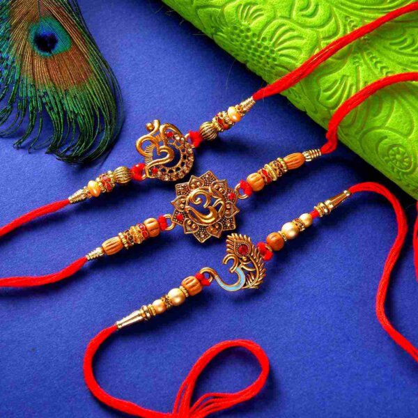 Om Set Of 3 Rakhis With Assorted Chikki- FOR USA