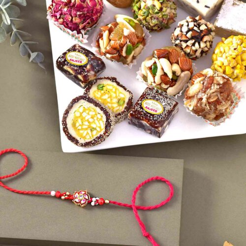 Red Floral Rakhi with 12 pcs. Assorted Sweets