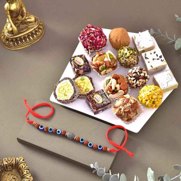 Beaded Evil Eye and Rudraksha Rakhi with 12 pcs. Assorted Sweets