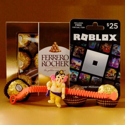 Ganesha Kids Rakhi Bracelet with Ferrero Rocher and ROBLOX Gift Card