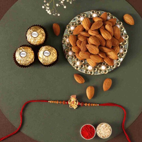 Sneh Antique Ganesha Rakhi with 3 Ferrero Rocher and Almonds
