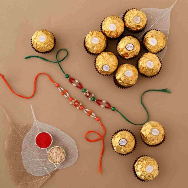 Sneh Green Pearl Rakhi Set with Ferrero Rocher