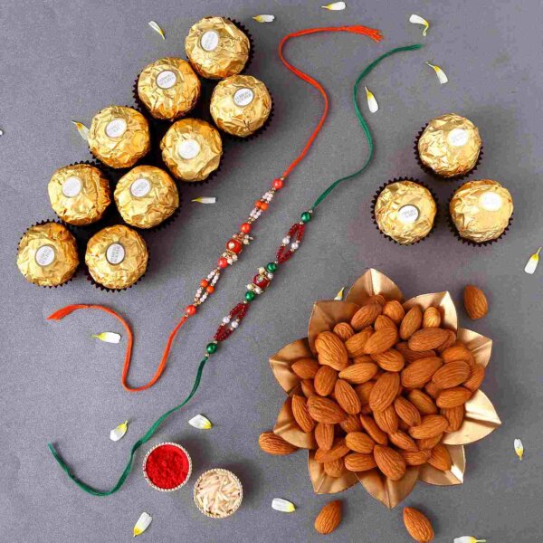 Sneh Green Pearl Rakhi Set with Ferrero Rocher and Almonds