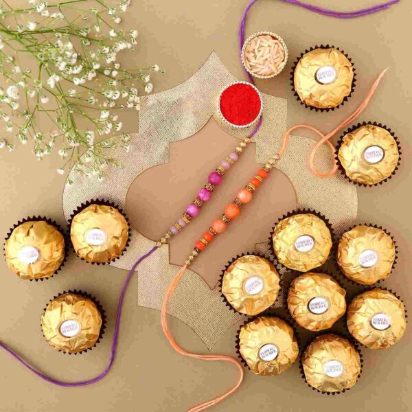 Sneh Peachy Rakhi Set with 16 Ferrero Rocher