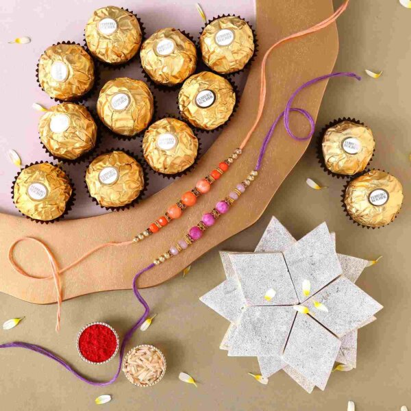 Sneh Peachy Rakhi Set with 250 Grams Kaju Katli and6  Ferrero Rocher