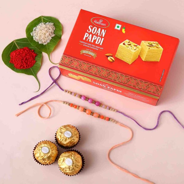Rose Gold Pearl And Beads Rakhi with 6 Ferrero Rocher