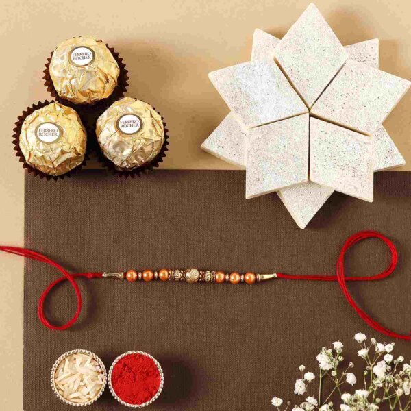 Rose Gold Pearl And Beads Rakhi with 3 Ferrero Rocher and Kaju Katli