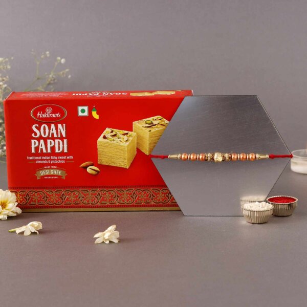 Rose Gold Pearl And Beads Rakhi with 500 Grams Soan Papdi