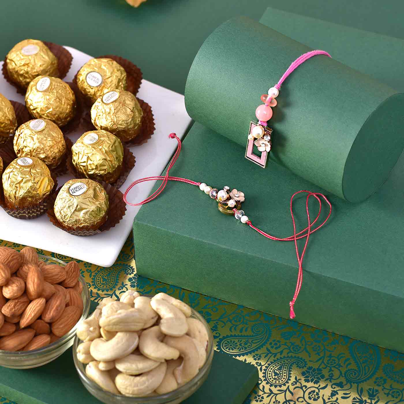 Designer Bhaiya Bhabhi Rakhi with 12pc ferrero rocher and and cashew