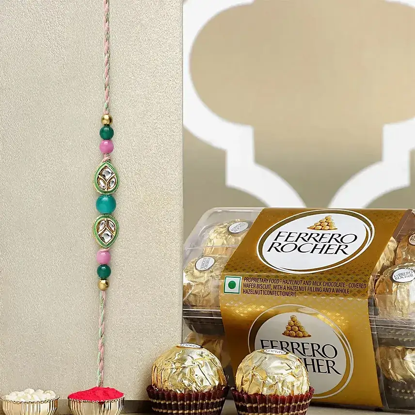 Royal Radiance Kundan Rakhi With Ferrero Rocher 16 Pcs Royal Radiance Kundan Rakhi With Ferrero Rocher 16 Pcs