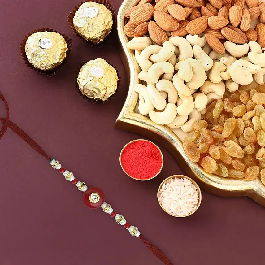 Pearl Beads Rakhi And Mixed Fruits Pearl Beads Rakhi And Mixed Fruits