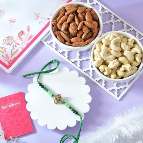 Ethnic Green Rakhi with Cashews and Almonds