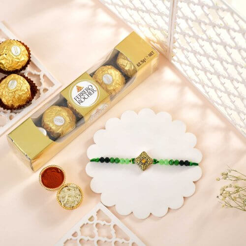 Ethnic Green Rakhi with Ferrero Rocher Chocolates
