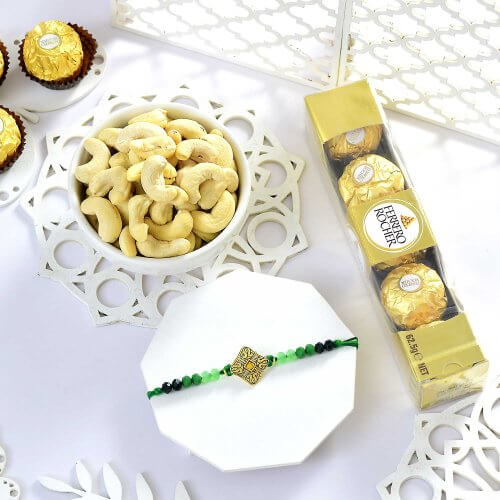 Ethnic Green Rakhi with Chocolates and Cashews