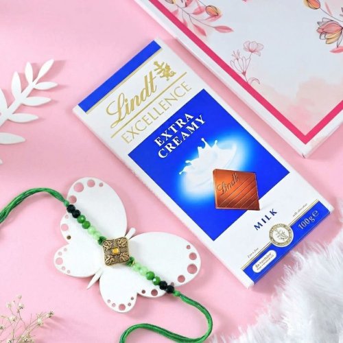 Ethnic Green Rakhi with Lindt Chocolate bar Ethnic Green Rakhi with Lindt Chocolate bar