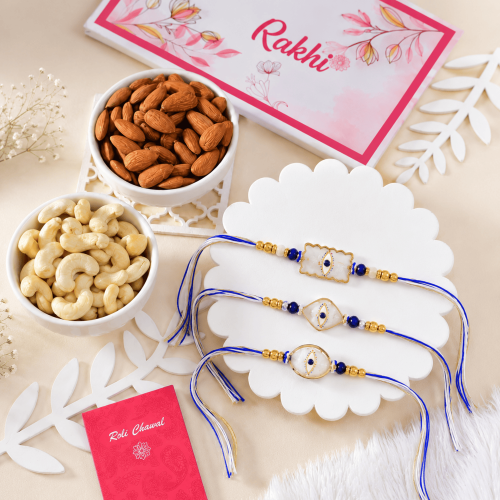 Royal Evil Eye Rakhi Set With Cashew & Almond Royal Evil Eye Rakhi Set With Cashew & Almond
