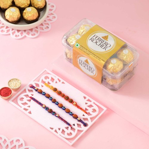 Rudraksha Protection Rakhi With Ferrero Rocher Rudraksha Protection Rakhi With Ferrero Rocher