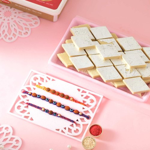 Rudraksha Protection Rakhi With Kaju Katli Rudraksha Protection Rakhi With Kaju Katli