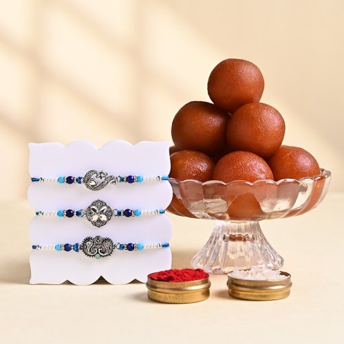 Designer Rakhi Trio With Gulab Jamun Designer Rakhi Trio With Gulab Jamun