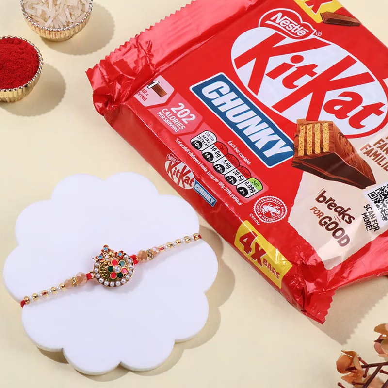 Ornate Meenakari Rakhi With Kitkat Bars Ornate Meenakari Rakhi With Kitkat Bars