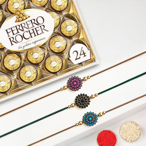 Beads Rakhi Set Of 3 With Ferrero Rocher 24 Pcs Beads Rakhi Set Of 3 With Ferrero Rocher 24 Pcs