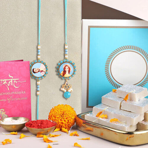 Personalised Floral Bhaiya Bhabhi Rakhi Set N Kaju katli