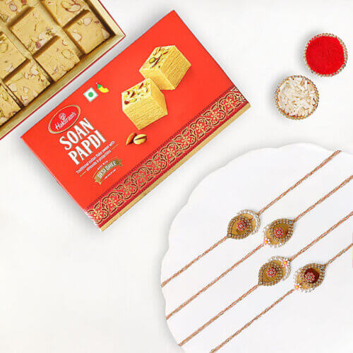 Premium Beads Rakhi Set Of 4 With Soan Papdi