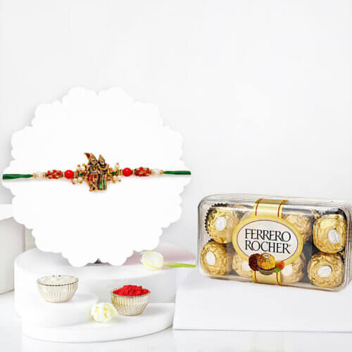Sneh Gold Radha Krishna Pearl Rakhi With Ferrero Rocher 16 Pcs