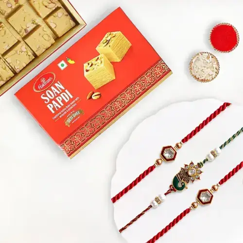 Traditional Ethnic Rakhi Set Of 3 With Soan Papdi